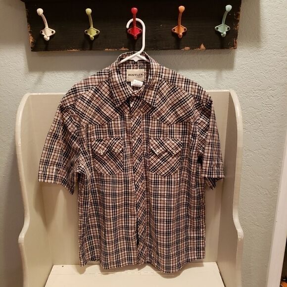 Wrangler Rustler Brown Plaid Metallic Pearl Snap - Picture 1 of 7
